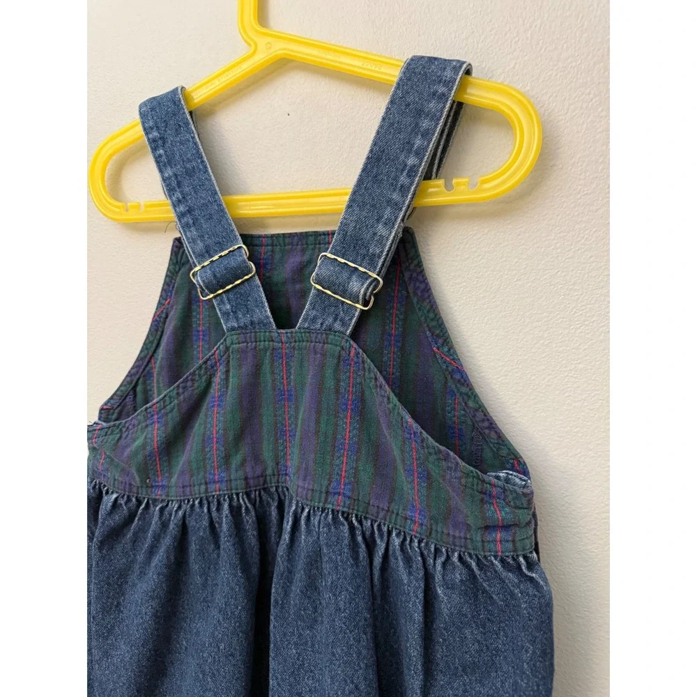 Vintage Girls OshKosh B'Gosh Denim Overall Dress Sz 12 Plaid Scandi Flowers USA